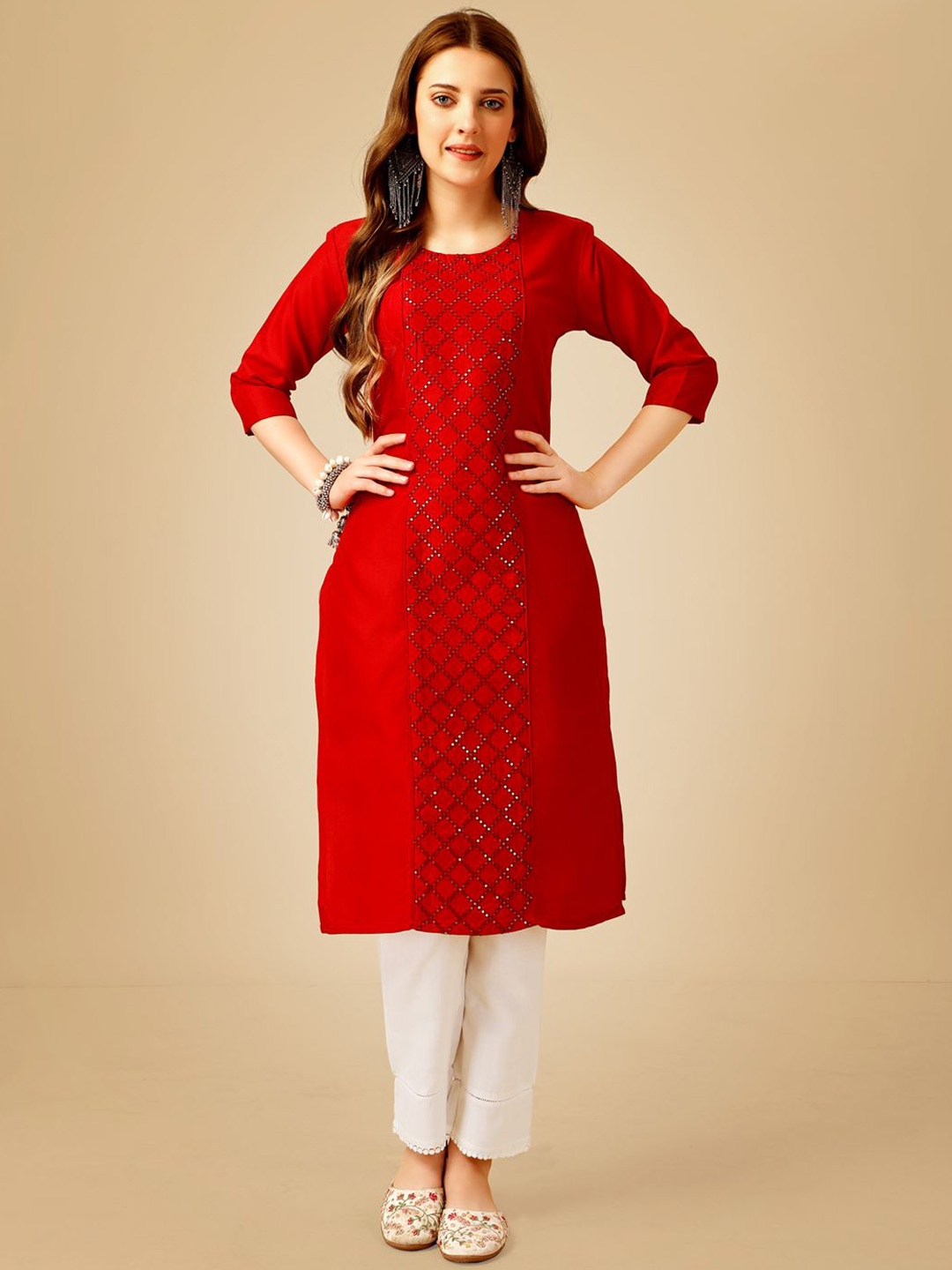 

KAYOMMI Geometric Embroidered Sequinned Kurta with Trouser, Red