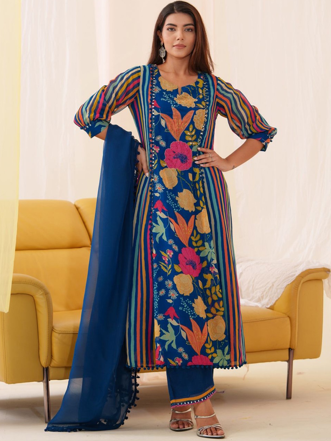 

Sangria Embroidered Straight Kurta With Trousers & Dupatta, Blue