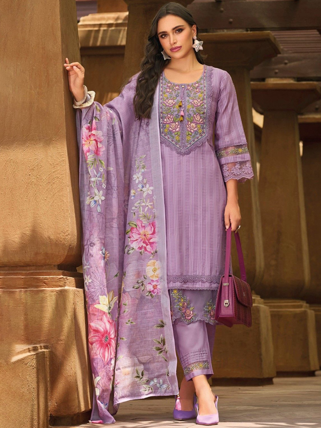 

AUTUMN LANE Floral Embroidered Round Neck PureCotton Straight Kurta With Trouser & Dupatta, Purple