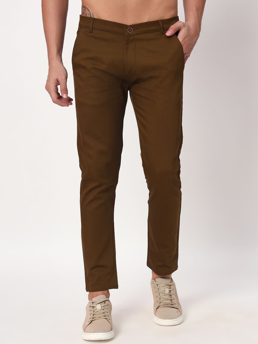

WILD WEST Men Pencil Skinny Fit Low-Rise Chinos Trousers, Brown
