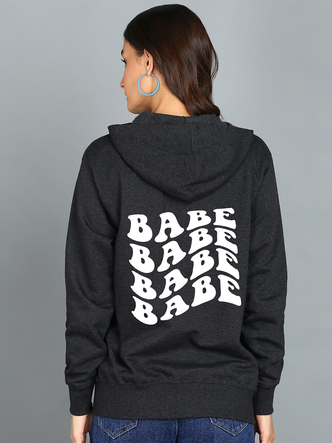 

FALTU.CO Women Typography Printed Hooded Ribbed Cotton Sweatshirt, Charcoal