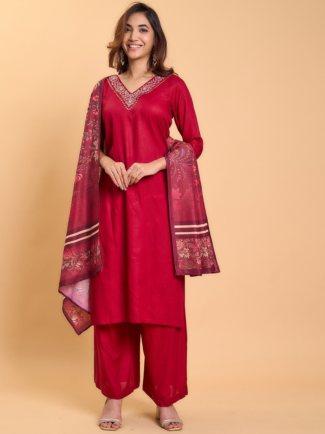 

KALINI Floral Embroidered V-Neck Sequinned Straight Kurta With Palazzos & Dupatta, Red