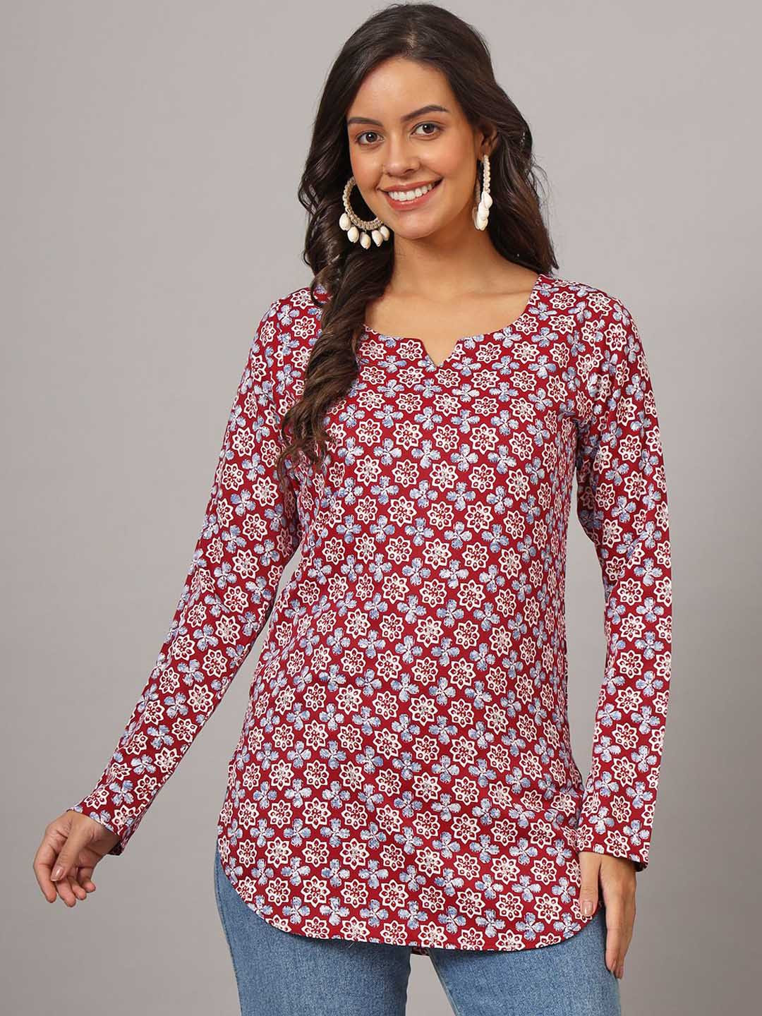 

DHAKRE FASHION Floral Printed Long Sleeves Pure Silk Kurti, Red