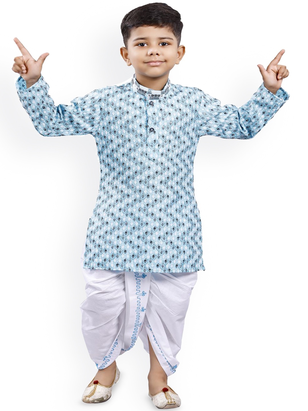 

BAESD Boys Floral Printed Mandarin Collar Straight Kurta with Dhoti Pant, Teal