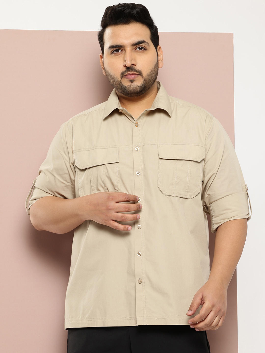 

Sztori Men Plus Size Pure Cotton Casual Shirt, Beige