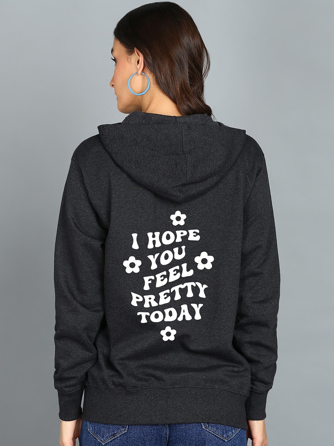 

FALTU.CO Women Printed Zip Detail Hooded Cotton Sweatshirt, Charcoal