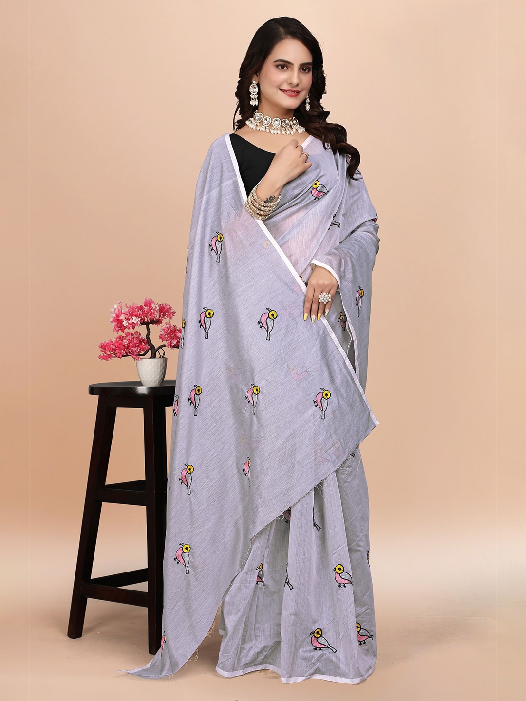 

LADY SHOPI Ethnic Motifs Pure Cotton Chanderi Saree, Grey