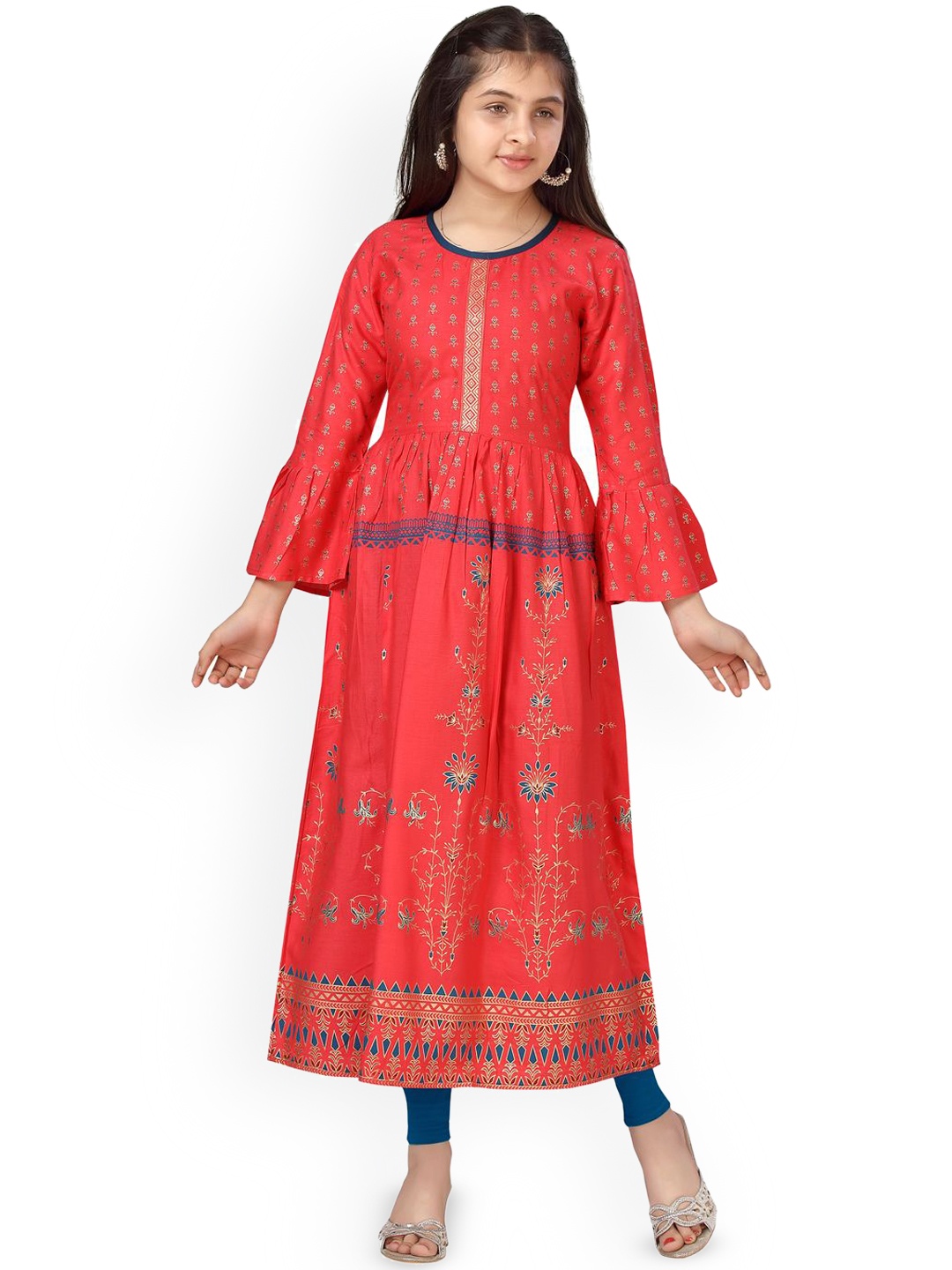 

BAESD Girls Ethnic Motifs Printed Empire Cotton Anarkali Kurta, Red