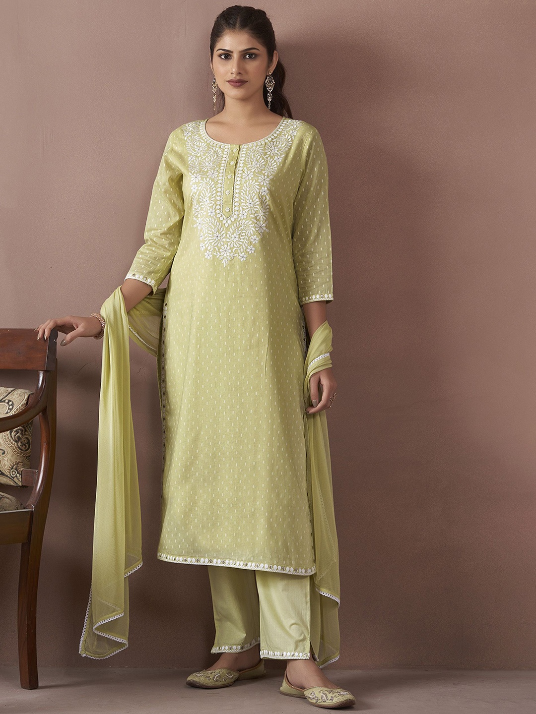 

Anouk Paisley Embroidered Thread Work Pure Cotton Straight Kurta With Trousers & Dupatta, Lime green