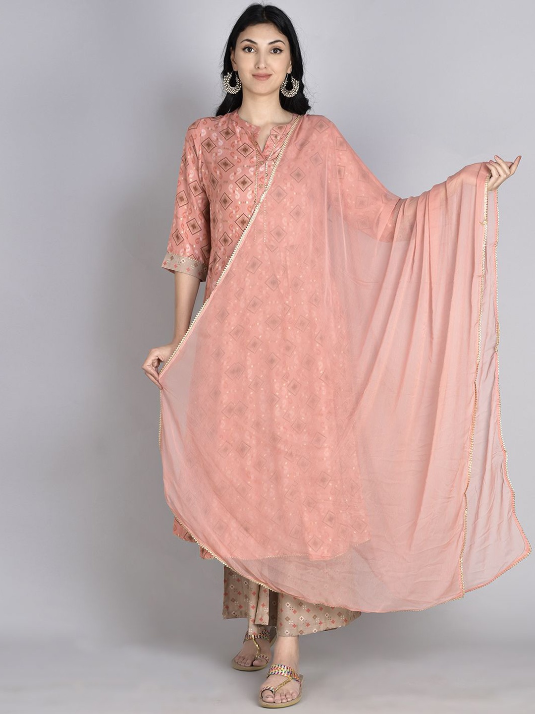 

Shree Geometric Printed Regular Gotta Patti Liva Kurta With Palazzos & Dupatta, Pink