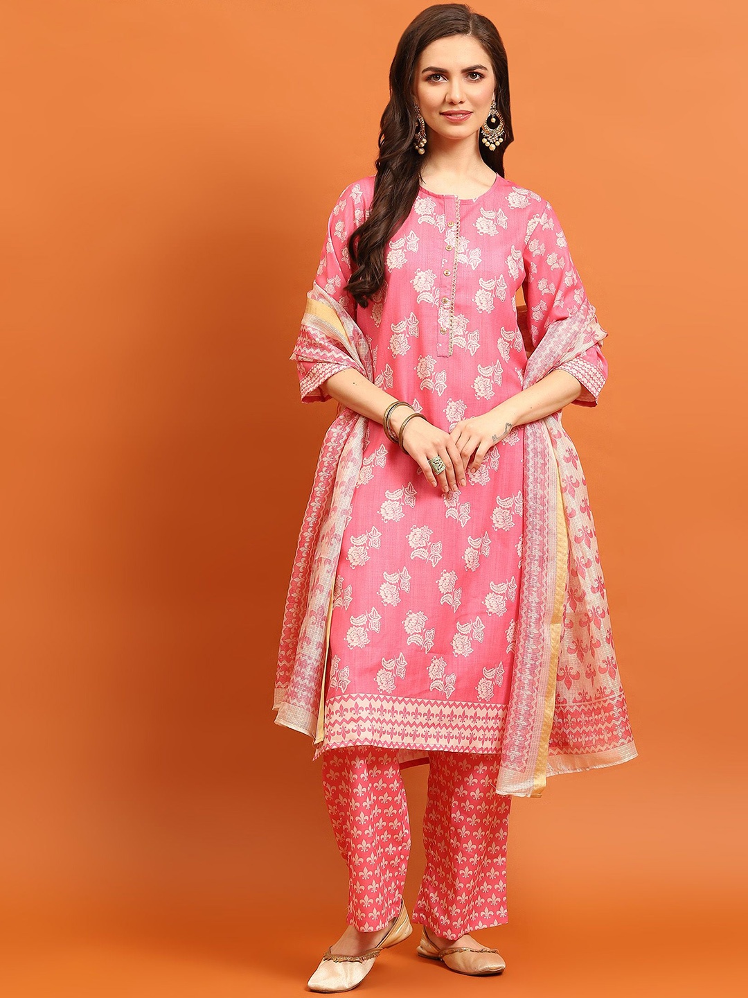 

Shree Floral Printed Round Neck Straight Kurta With Palazzos & Dupatta, Pink