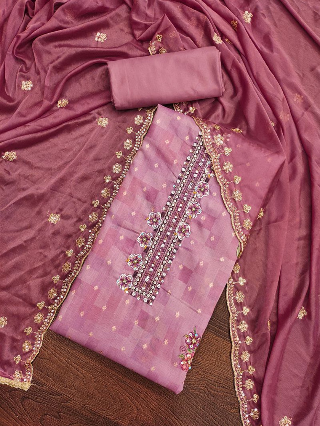 

ASISA Embroidered Sequinned Unstitched Dress Material, Pink