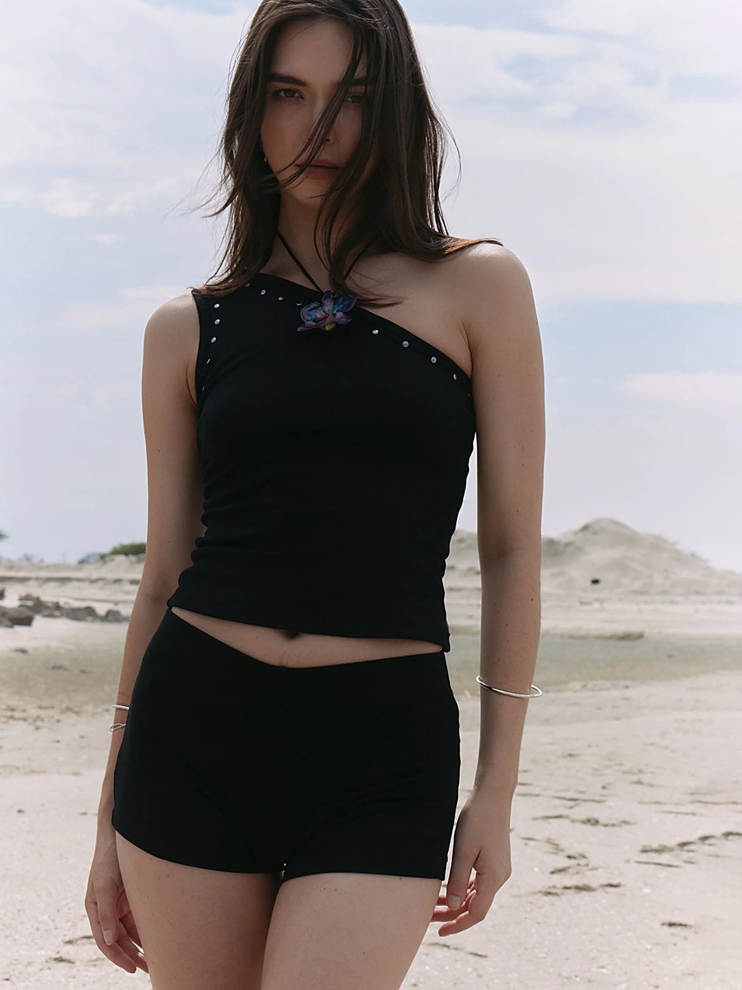 

LULU & SKY Rivet Detail One Shoulder Top With Shorts, Black
