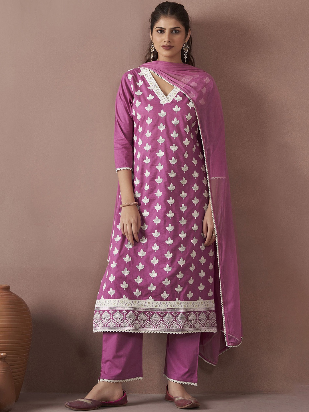 

Anouk Floral Embroidered V-Neck Thread Work Pure Cotton Kurta With Trousers & Dupatta, Magenta