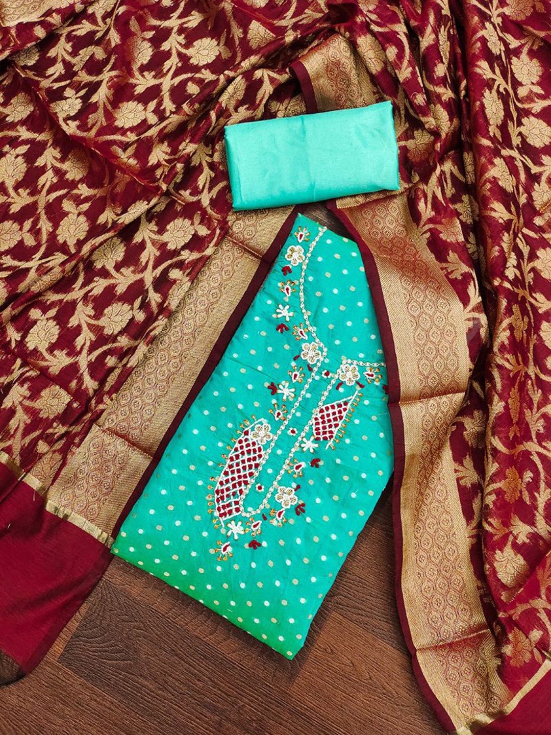 

ASISA Floral Embroidered Beads and Stones Unstitched Dress Material, Turquoise blue