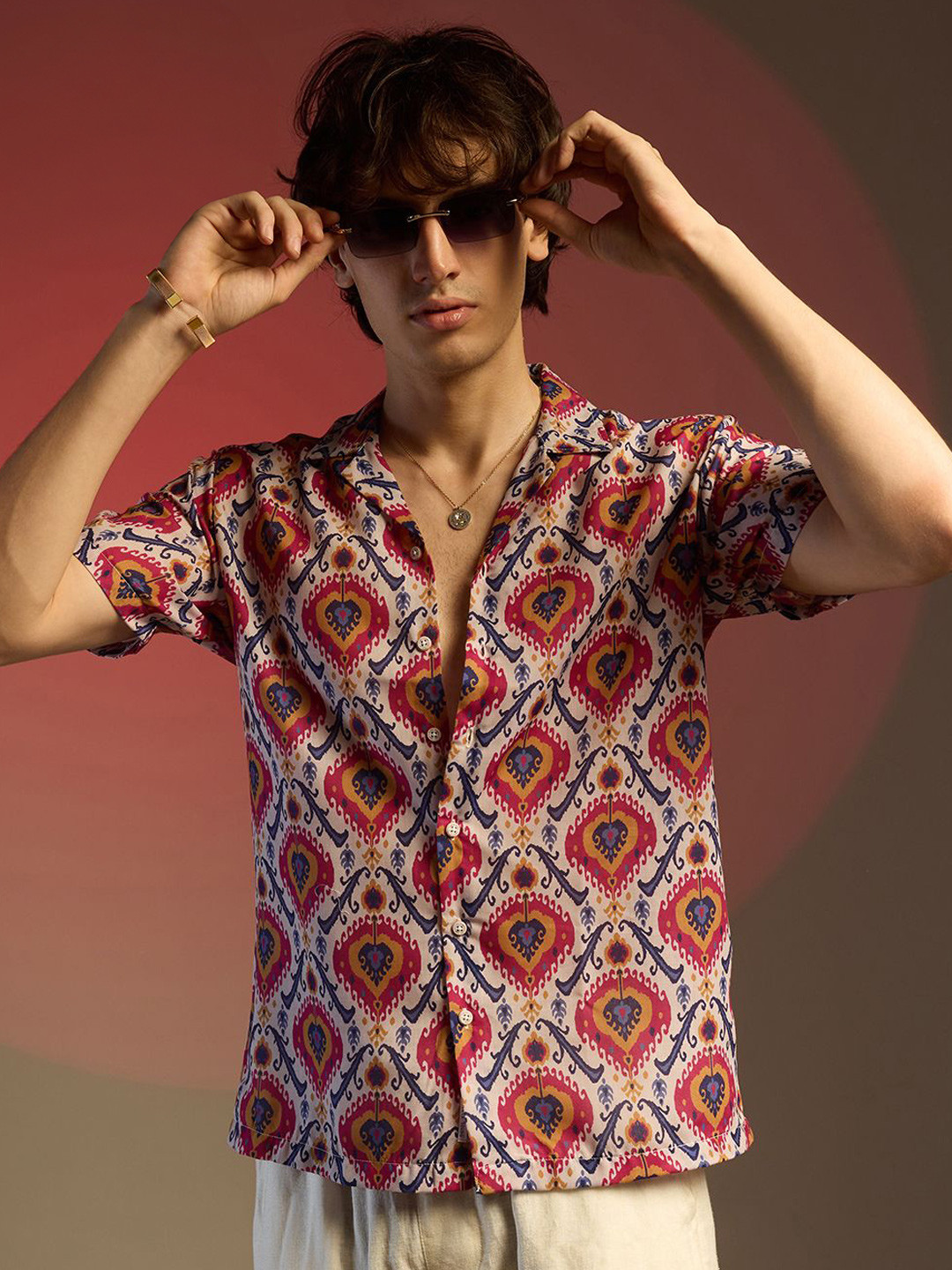 

Campus Sutra Men Comfort Cuban Collar Graphic Printed Cotton Casual Shirt, Multi