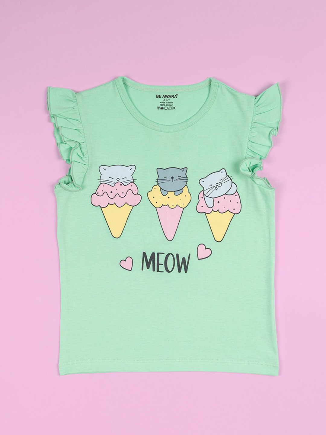 

BE AWARA Girls Typography Printed Round Neck Cotton T-shirt, Sea green