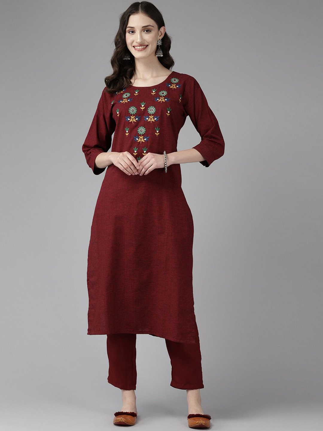 

BAESD Floral Embroidered Cotton Straight Kurta, Maroon