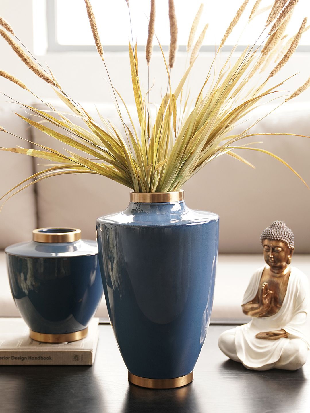 

Pure Home and Living Blue Bottleneck Ceramic Vase with Gold Rim - Large