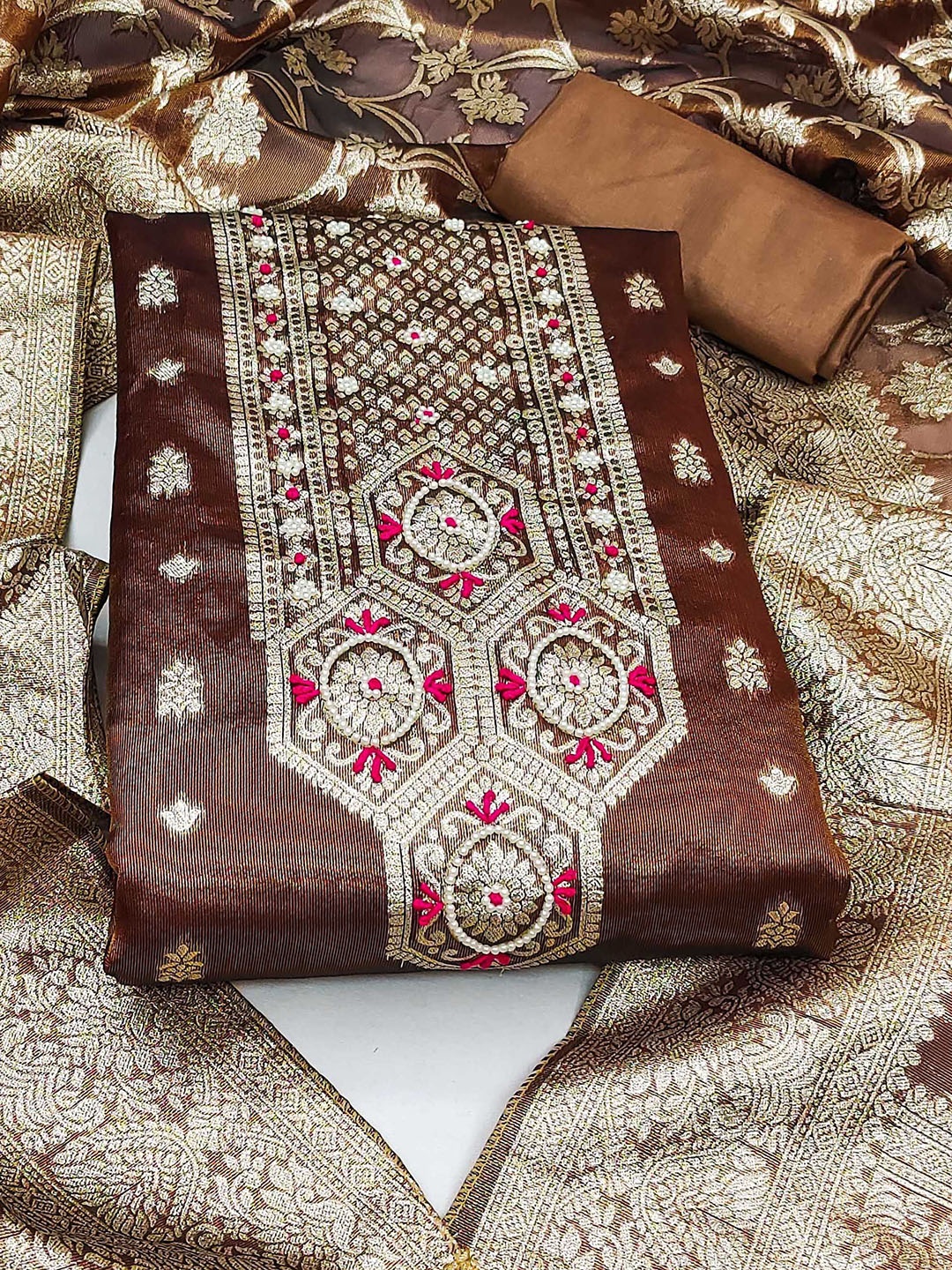 

Ishin Coffee Brown & Gold-Toned Ethnic Motifs Woven Design Unstitched Dress Material