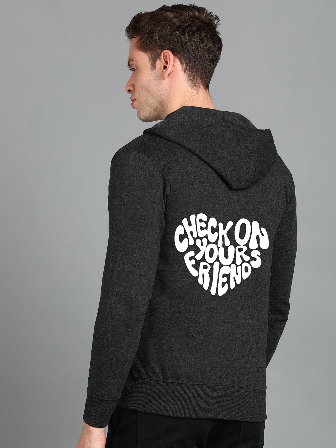 

FALTU.CO Men Printed Hooded Pure Cotton Sweatshirt, Charcoal