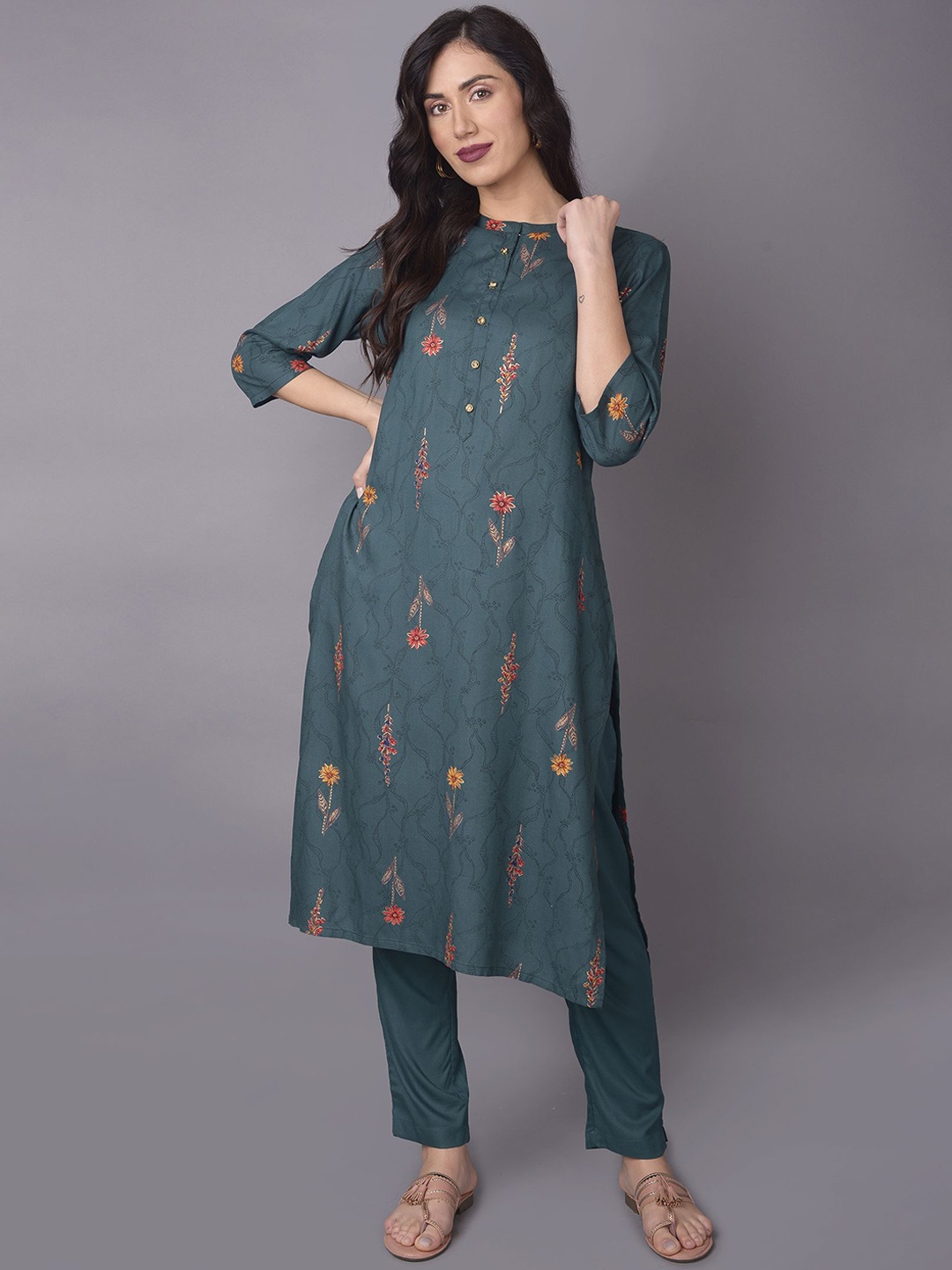

Shree Floral Printed A Line Kurta with Trousers, Green