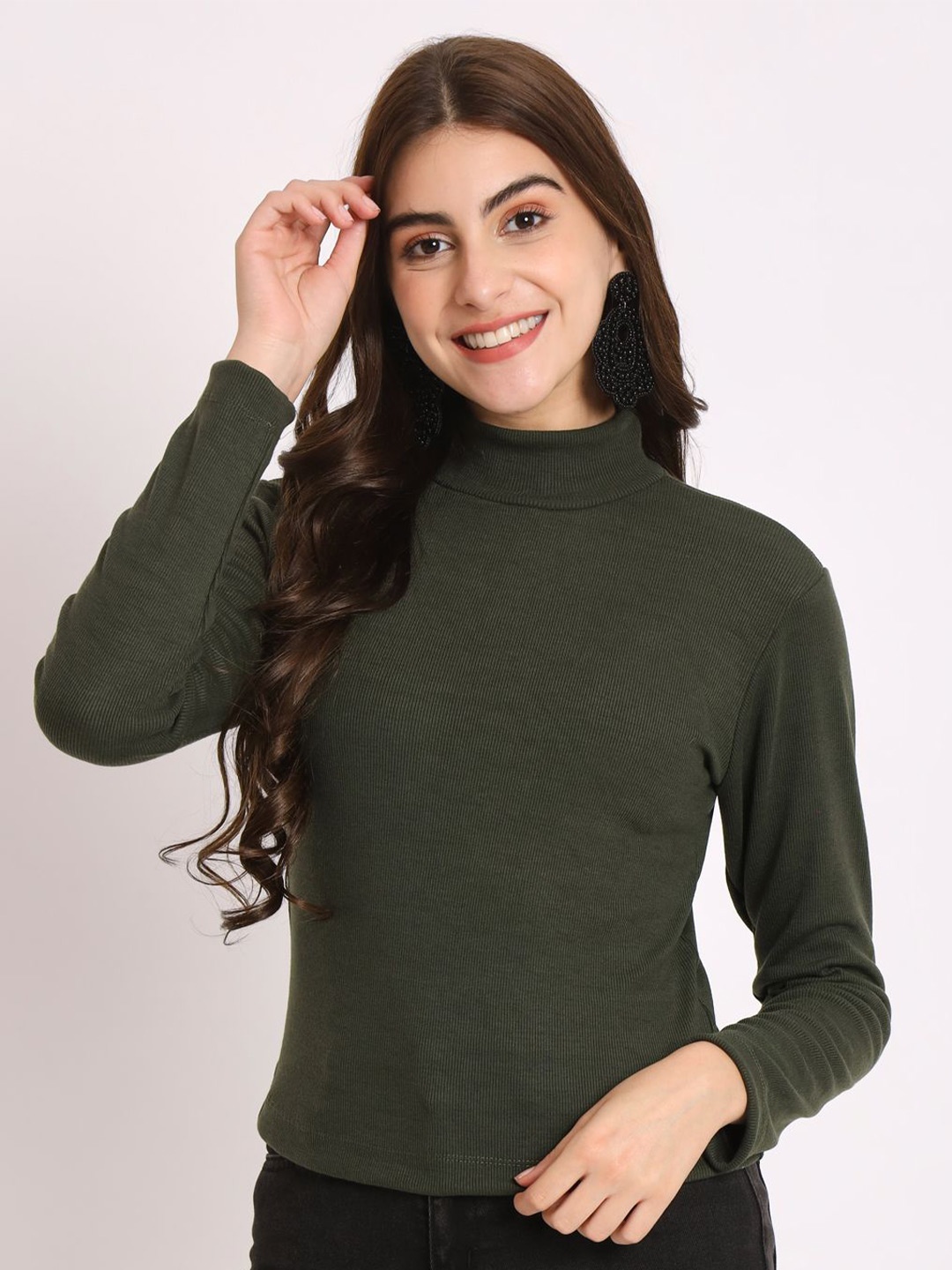 

BAESD Women Solid High Neck Cotton Top, Olive