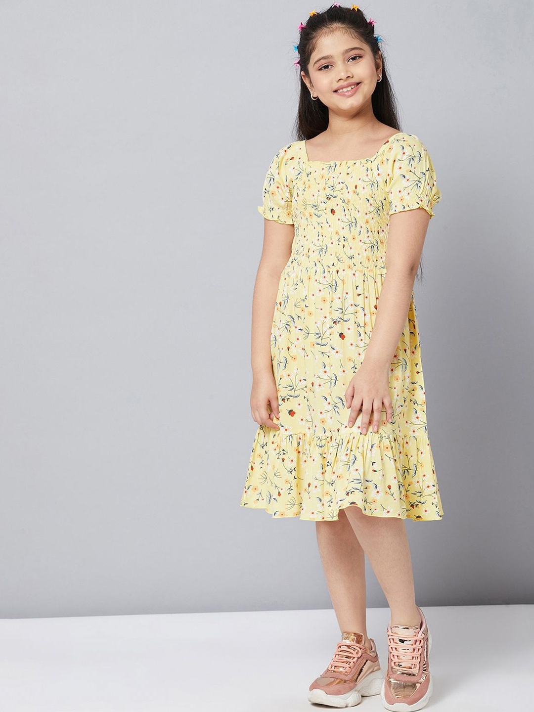 

Stylo Bug Girls Floral Printed Square Neck Puff Slevees Fit & Flared Knee Length Dress, Yellow