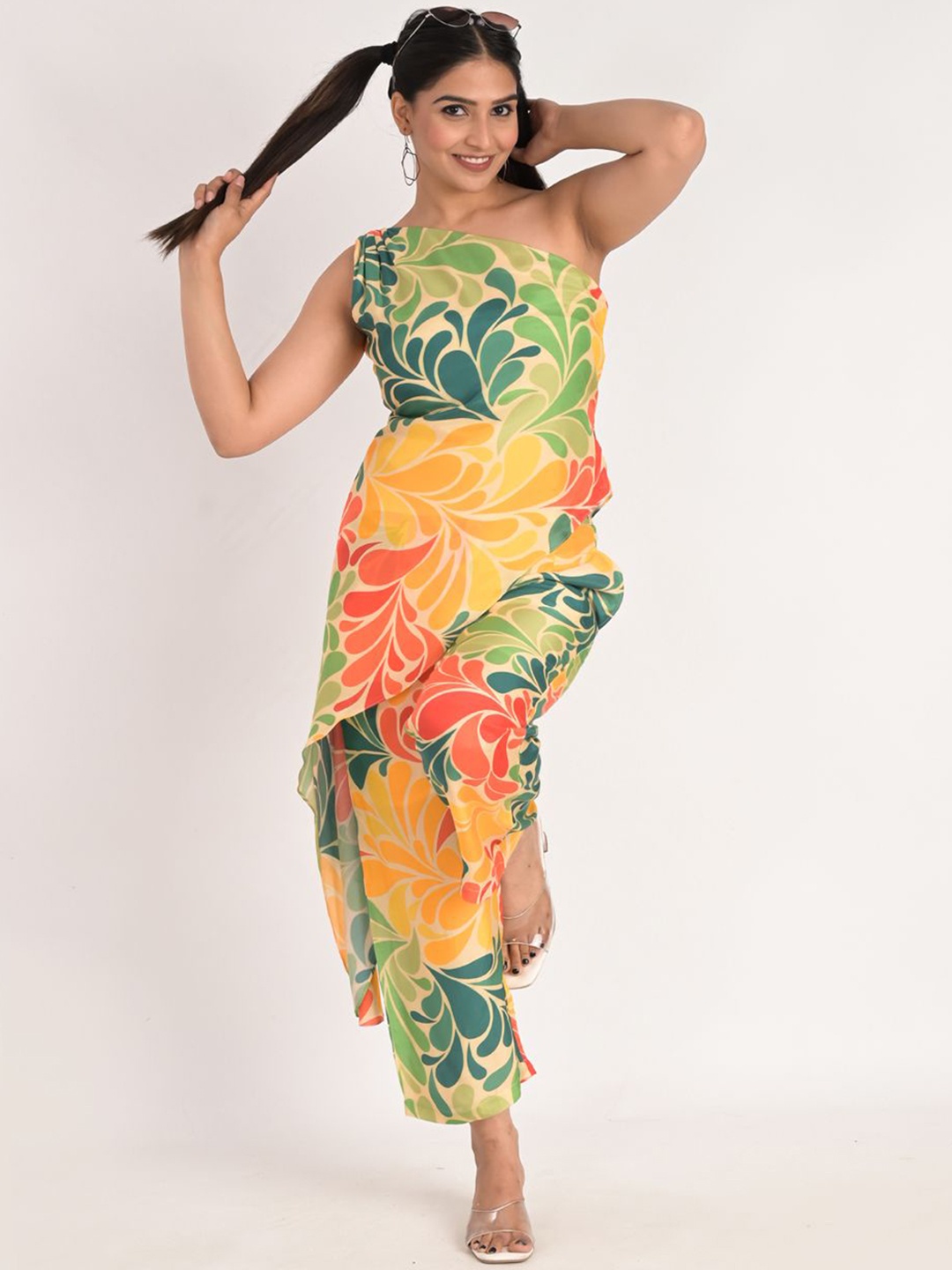 

KIZI Printed One Shoulder Top With Trouser, Yellow