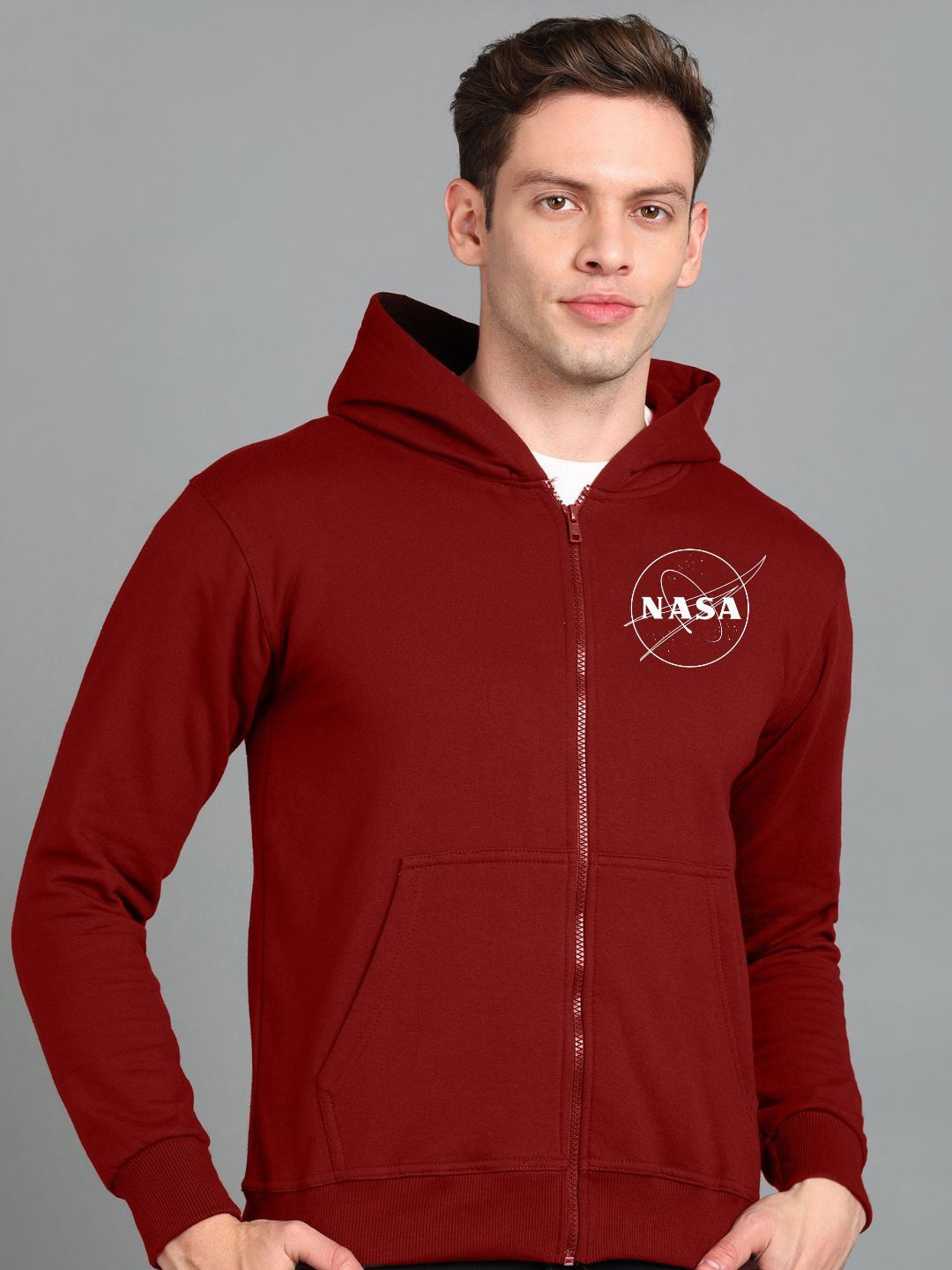 

FALTU.CO Men Printed Zip Detail Hooded Cotton Sweatshirt, Maroon