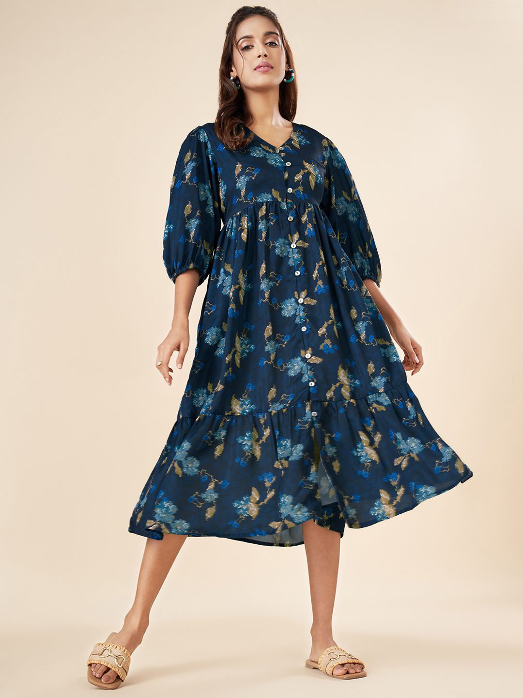 

AKKRITI BY PANTALOONS Women Floral Printed Puff Sleeve A-Line Midi Dress, Navy blue