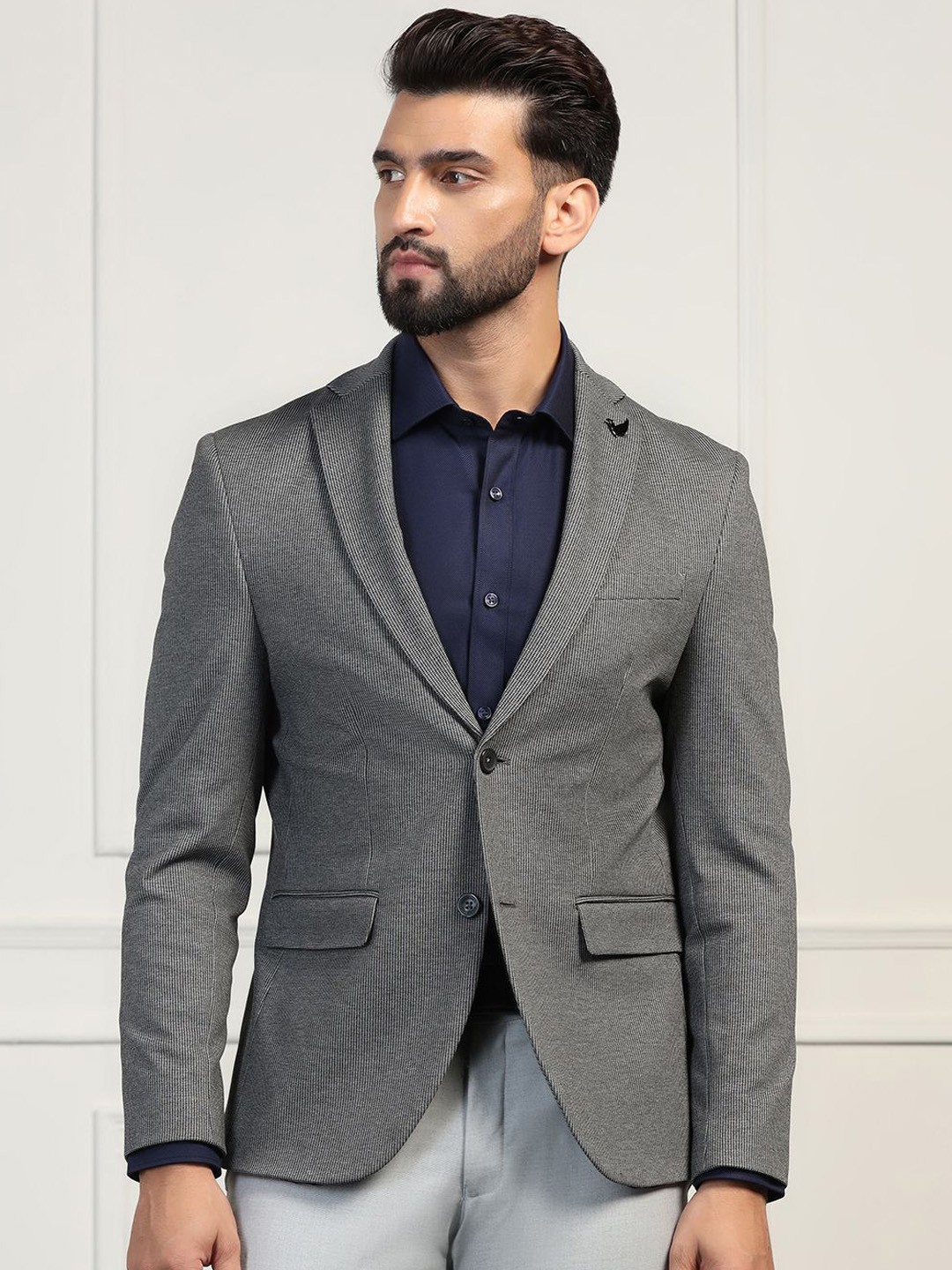 

Blackberrys Men Textured Single-Breasted Slim-Fit Formal Blazer, Charcoal