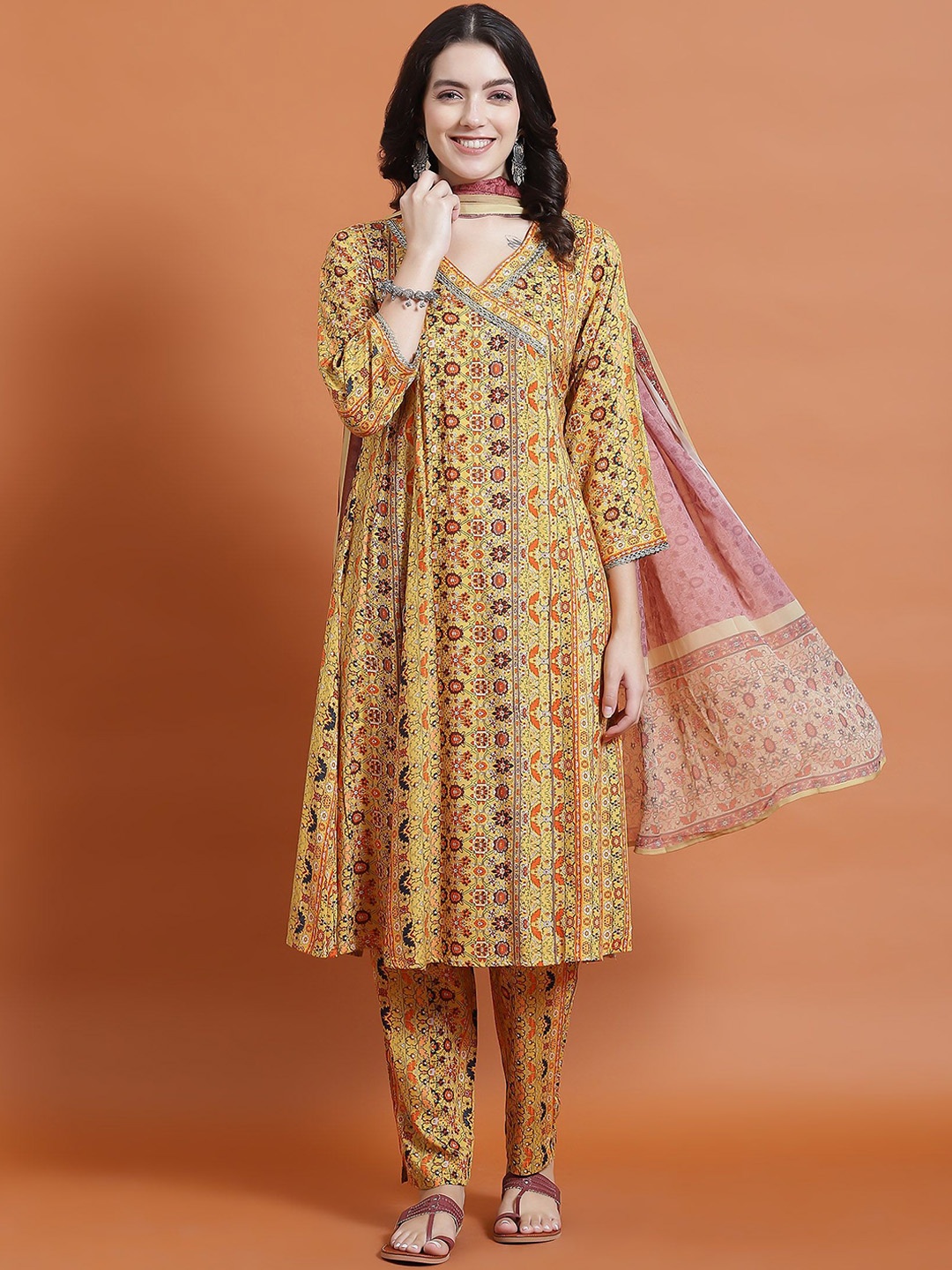 

Shree Ethnic Motifs Printed Liva A Line Kurta & Trousers With Dupatta, Mustard