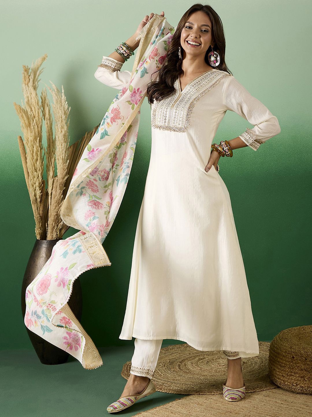 

Sangria Embroidered A-Line Kurta With Trousers & Dupatta, Off white