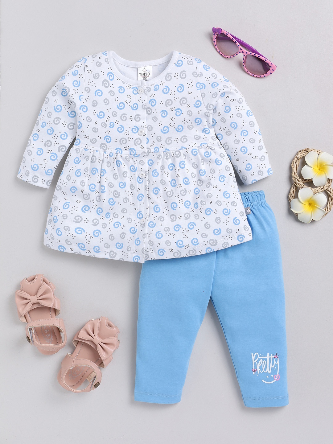 

YK X Tinyo Infant Girls Pure Cotton Printed Tunic with Leggings, White