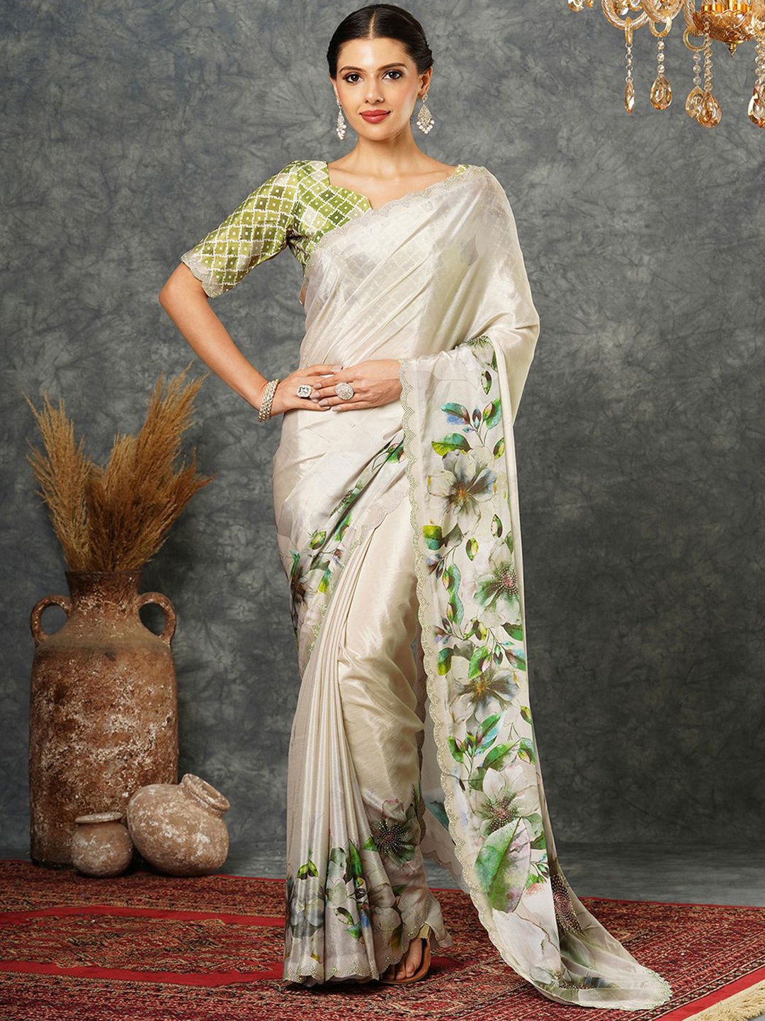 

Satrani Floral Beads and Stones Pure Silk Saree, Beige