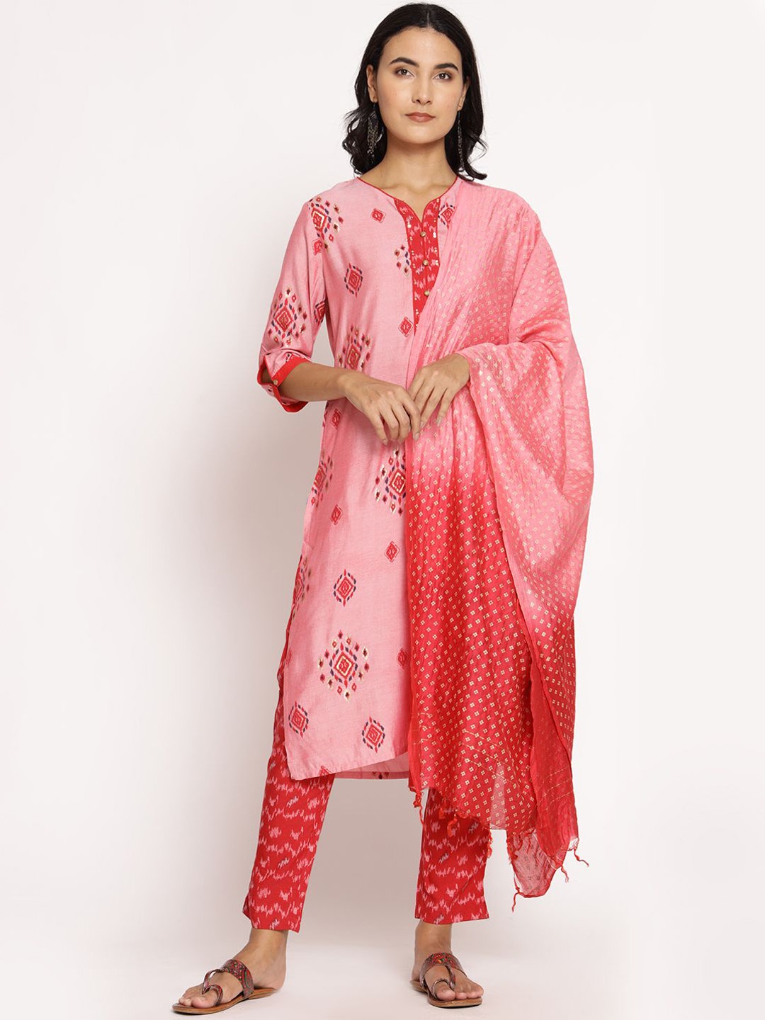 

Shree Printed Sequinned Liva Straight Kurta with Trousers & With Dupatta, Pink