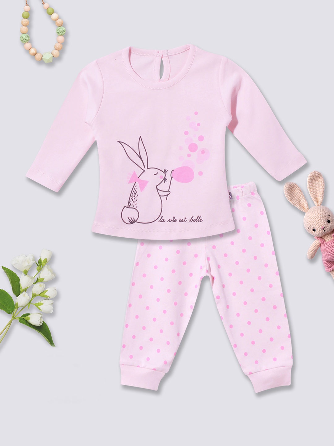 

YK X Tinyo Infant Girls Pure Cotton Printed T-shirt & Joggers, Pink