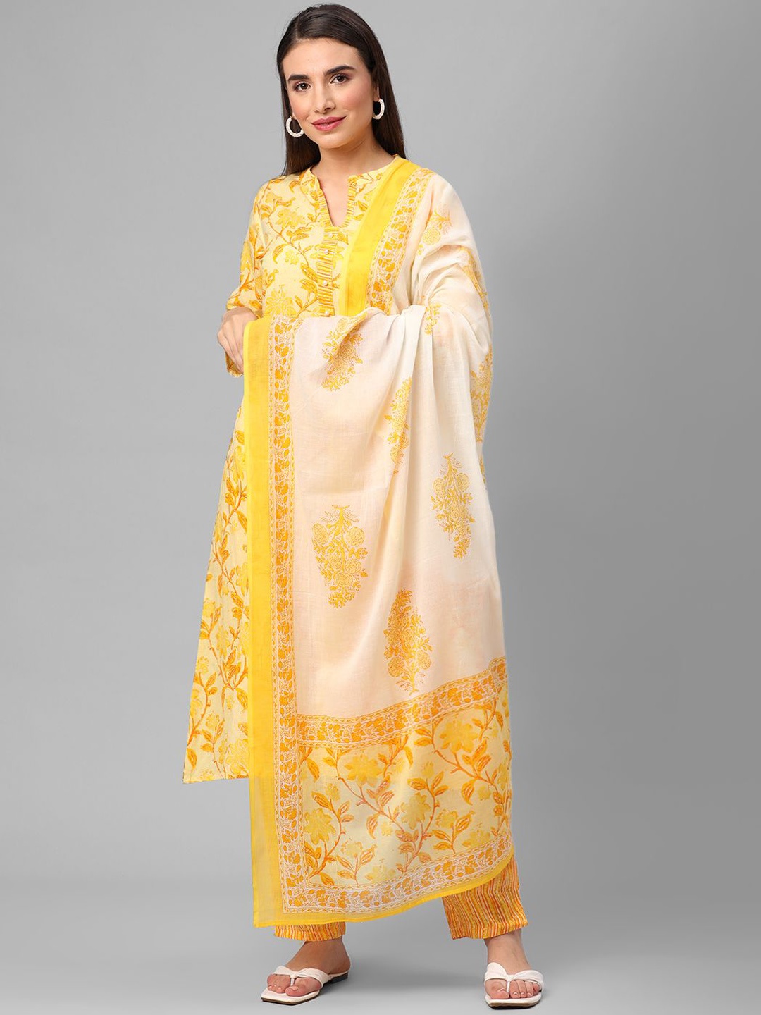 

Shree Floral Printed Regular Pure Cotton A Line Kurta with Trousers & Dupatta, Yellow