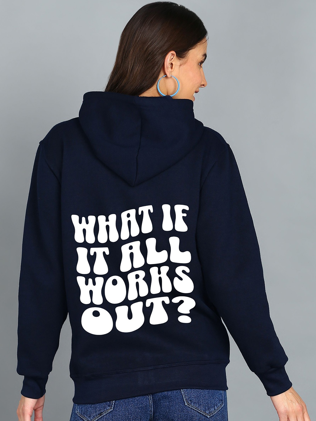 

FALTU.CO Women Typography Printed Hooded Ribbed Cotton Sweatshirt, Navy blue