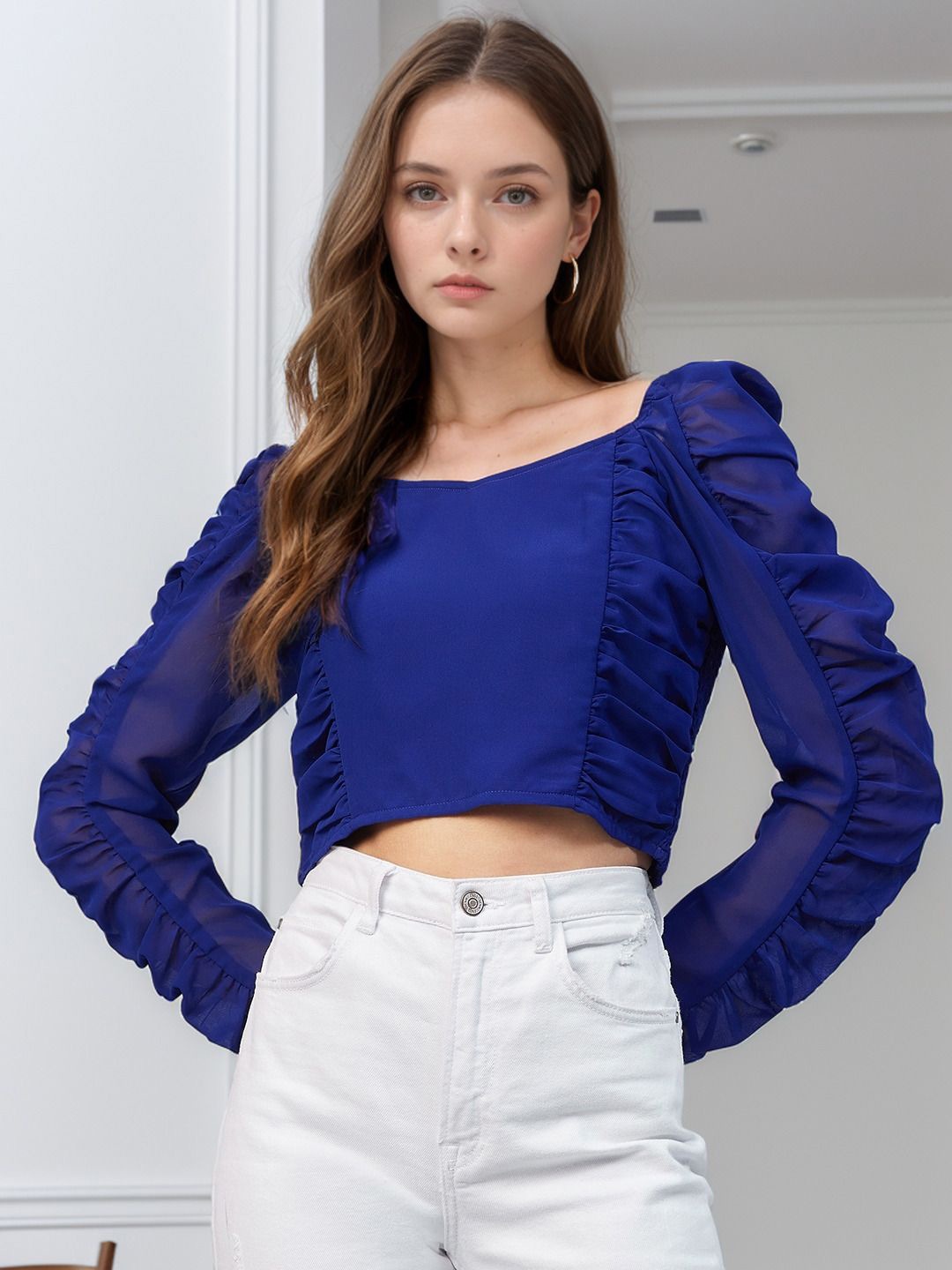 

ZYNG Women Boat Neck Puff Sleeve Crop Top, Blue