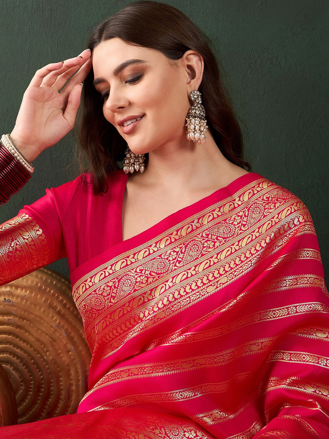 

Sangria Ethnic Motifs Woven Design Banarasi Saree With Unstitched Blouse, Pink