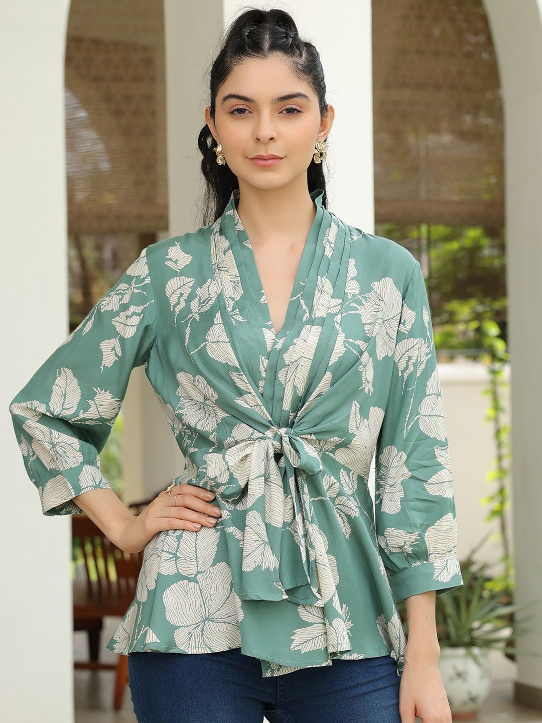 

JISORA Women Floral Printed V-Neck Pure Silk Top, Green