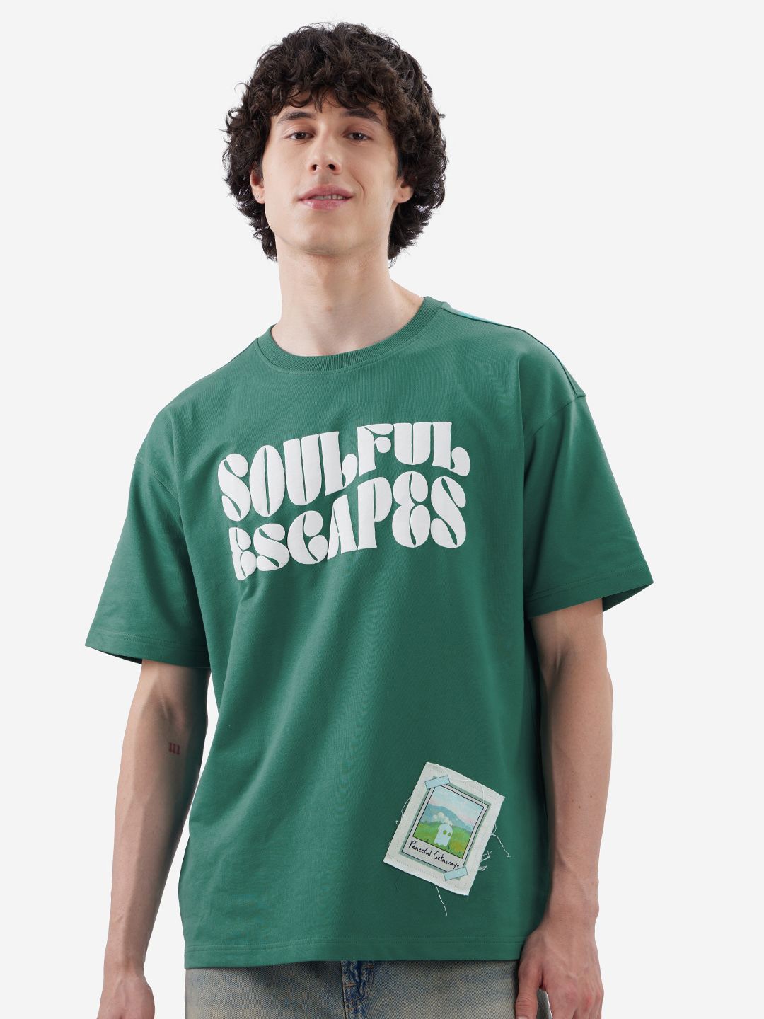 

The Souled Store Men Typography Printed Round Neck Cotton Oversized T-shirt, Green