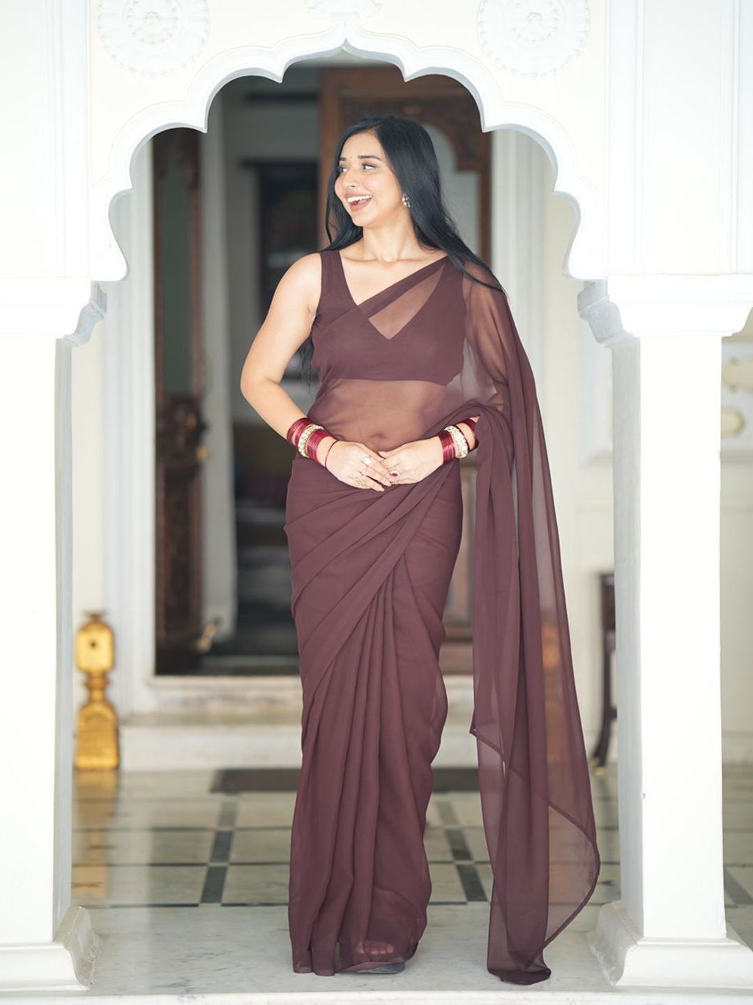 

Sidhidata Pure Georgette Ready to Wear Saree, Coffee brown