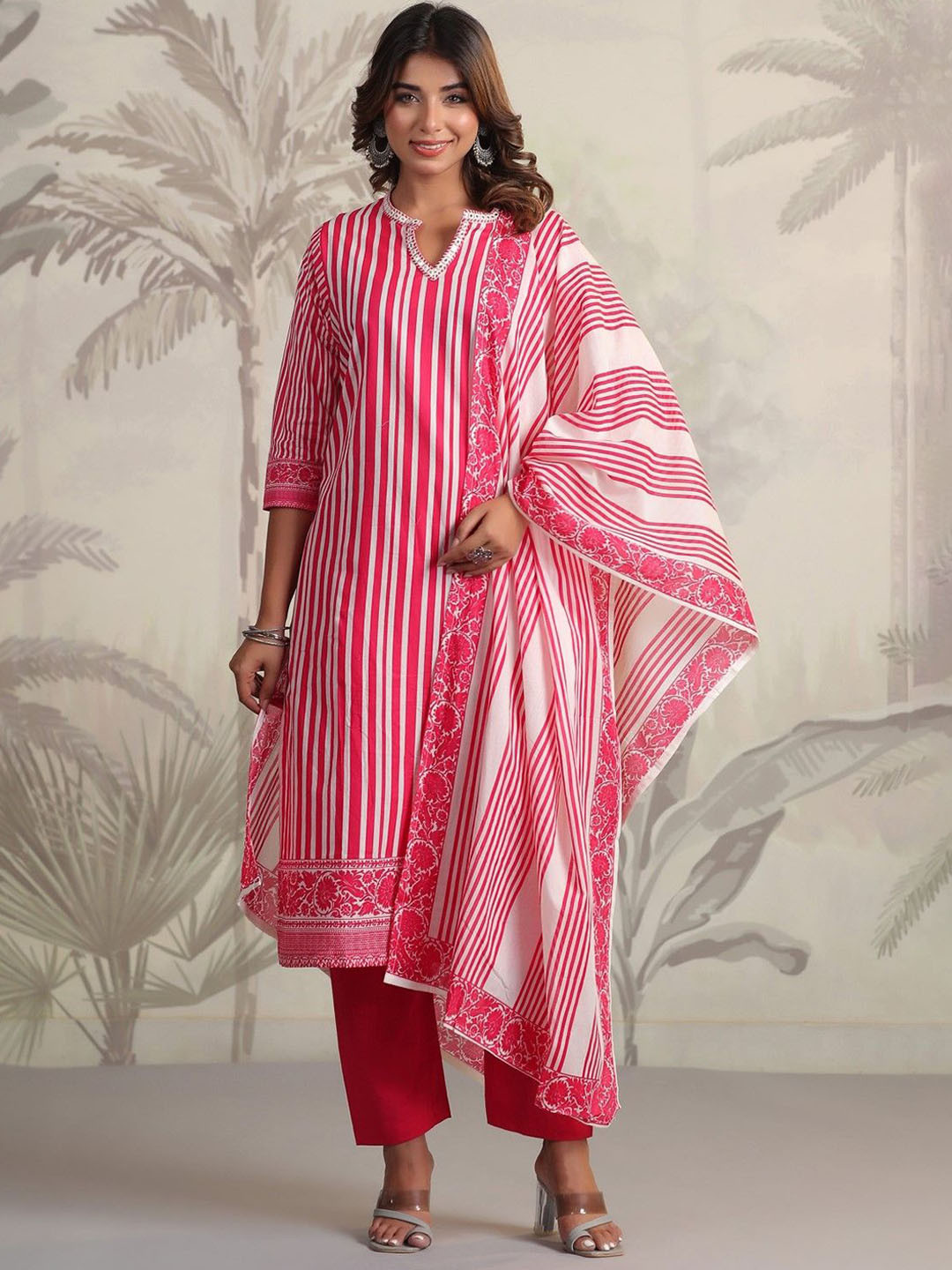 

AUTUMN LANE Striped Pure Cotton Straight Kurta With Trousers & Dupatta, Pink