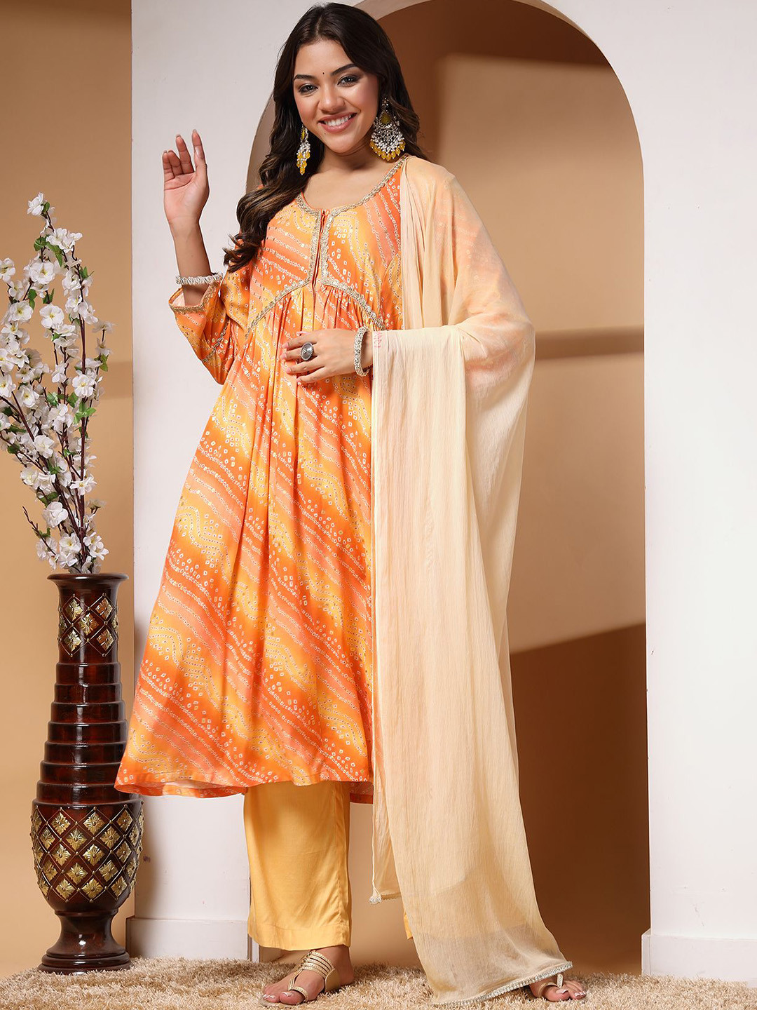 

House Of Zelena \Bandhani Printed Anarkali Maternity Kurta with Pyjama & Dupatta, Orange