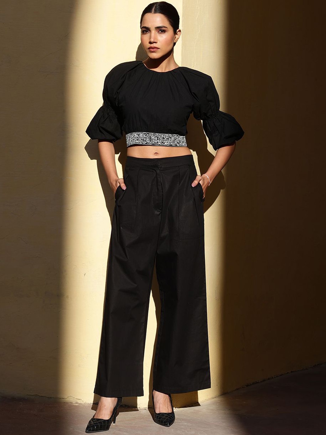 

CUSTARD Pure Cotton Crop Top With Trousers, Black