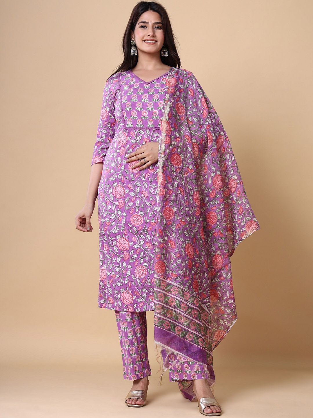 

VASVI Floral Printed Pure Cotton Straight Kurta & Trousers With Dupatta, Purple