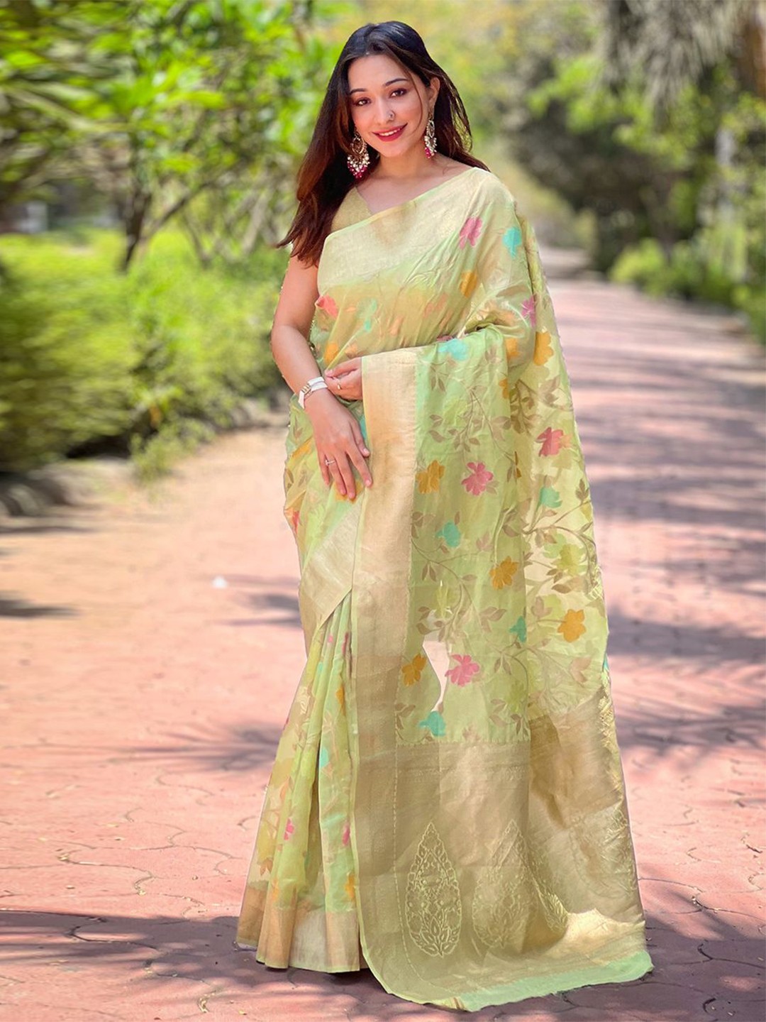 

Mitera Floral Organza Zari Woven Saree, Green